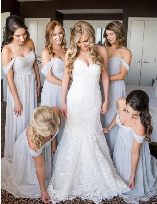 A-Line Off-the-Shoulder Light Grey Ruched Chiffon Long Bridesmaid Dress