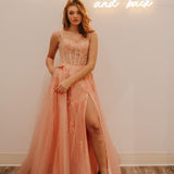 Rylie |A-Line Spaghetti Straps Glitter Tulle Prom Dress with Slit