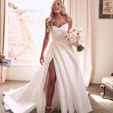 Janalee | A-Line White Sleeveless Satin Wedding Dress With Side Slit