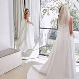 Janalee | A-Line White Sleeveless Satin Wedding Dress With Side Slit