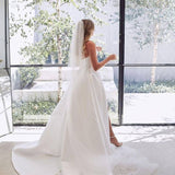 Janalee | A-Line White Sleeveless Satin Wedding Dress With Side Slit