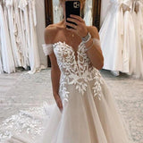 A-line Lace Beach Wedding Dress with Off Shoulder Tulle Appliques