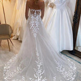 A-line Lace Beach Wedding Dress with Off Shoulder Tulle Appliques