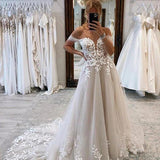 A-line Lace Beach Wedding Dress with Off Shoulder Tulle Appliques