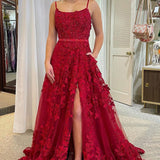 Von | A Line Scoop Neck Red Sequins Lace Long Prom Dresses with 3D Flowers