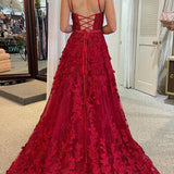 Von | A Line Scoop Neck Red Sequins Lace Long Prom Dresses with 3D Flowers