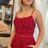 Von | A Line Scoop Neck Red Sequins Lace Long Prom Dresses with 3D Flowers