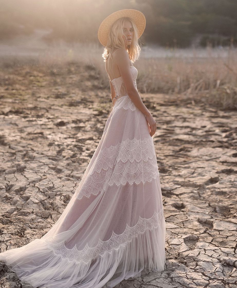 Giorgina | A Line Lace Spaghetti Straps Sleeveless Boho Wedding Dress