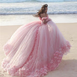 Off Shoulder Flowers Tulle Ball Gown Pink Quinceanera Dresses