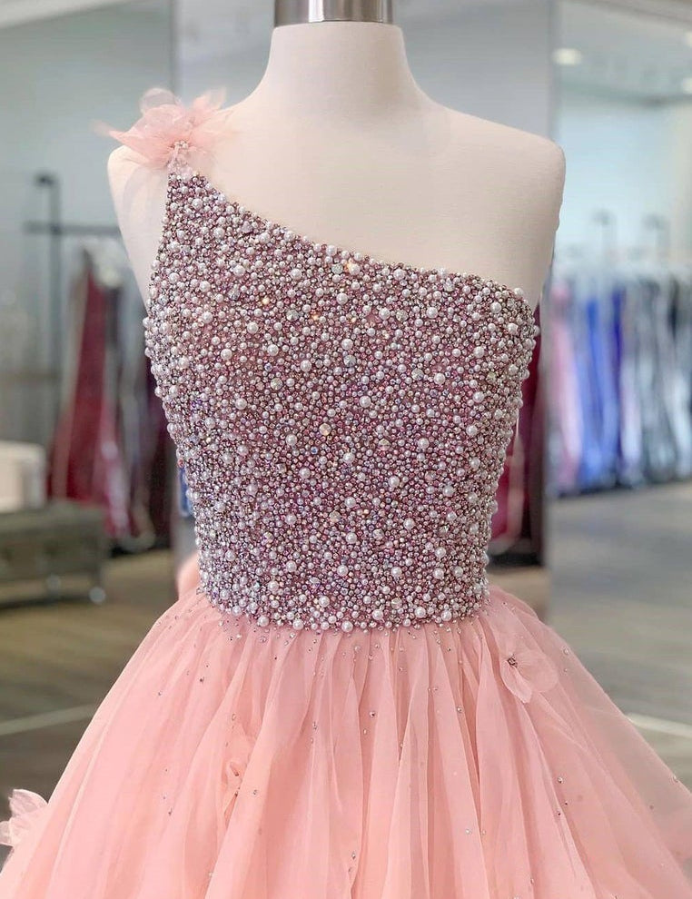 Quinceanera Dress Ball Gown Long Prom Dresses One Shoulder Zipper up Beads