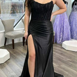 Arielle |Sheath Strapless Corset Satin Prom Dress with Slit