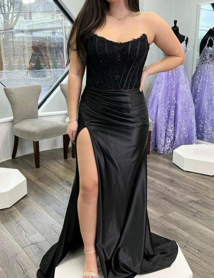 Arielle |Sheath Strapless Corset Satin Prom Dress with Slit