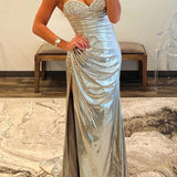 Silver Beaded Sweetheart Mermaid Long Formal Dress with Slit