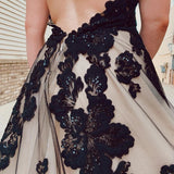 Nala | Black Champagne Open Back Court Train Wedding Dress With Appliques