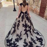 Nala | Black Champagne Open Back Court Train Wedding Dress With Appliques