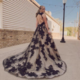 Nala | Black Champagne Open Back Court Train Wedding Dress With Appliques