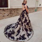 Nala | Black Champagne Open Back Court Train Wedding Dress With Appliques