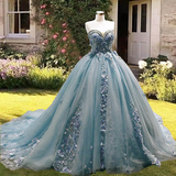 Dusty Blue Sweetheart Ball Gown Quinceanera Dress Strapless with 3D Flowers