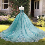 Dusty Blue Sweetheart Ball Gown Quinceanera Dress Strapless with 3D Flowers