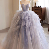 Quinceanera Dress Blue Tulle Long Prom Gown Blue Tulle Long Sweet Dress