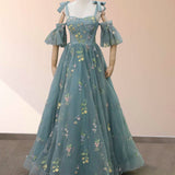 Boho A-Line Tulle Off-the-Shoulder Floor-Length 3D Yellow Floral Quinceanera Dress with Embroidery