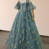 Boho A-Line Tulle Off-the-Shoulder Floor-Length 3D Yellow Floral Quinceanera Dress with Embroidery