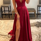 Novah | Burgundy V Neck Lace Long Prom Evening Dress with High Slit