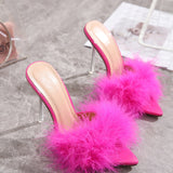 Hot Pink Feathers Pointed Toe Stiletto Sandals