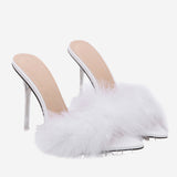 Hot Pink Feathers Pointed Toe Stiletto Sandals
