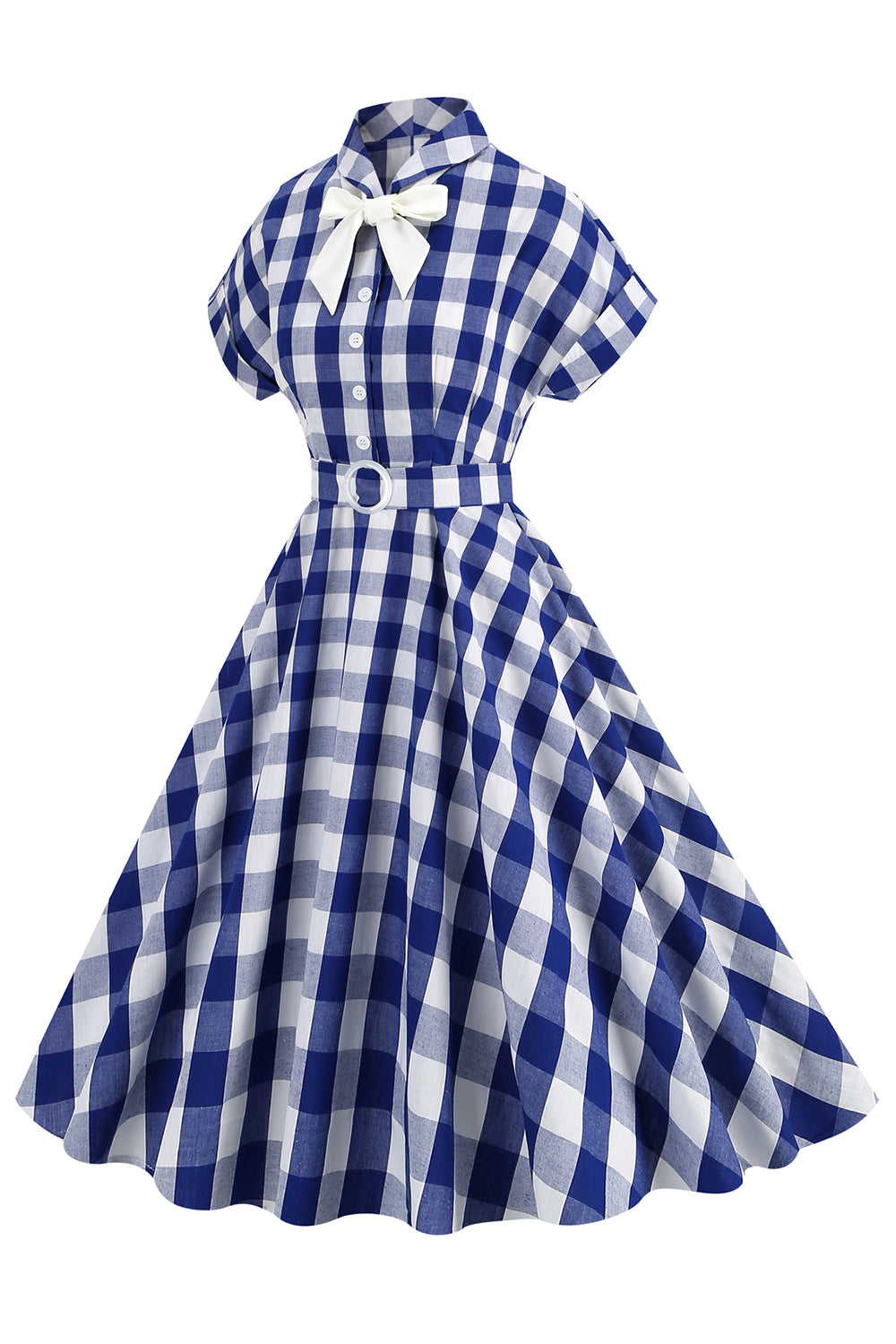 Pink Plaid Bowknot 1950s Dress With Short Sleeves