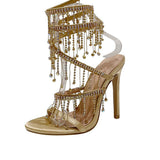 Golden Sparkly Strappy High Heeled Sandals With Tassel