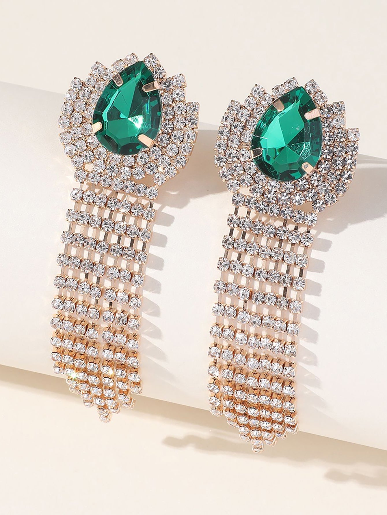 Green Teardrop Rhinestones Tassel Long Earrings