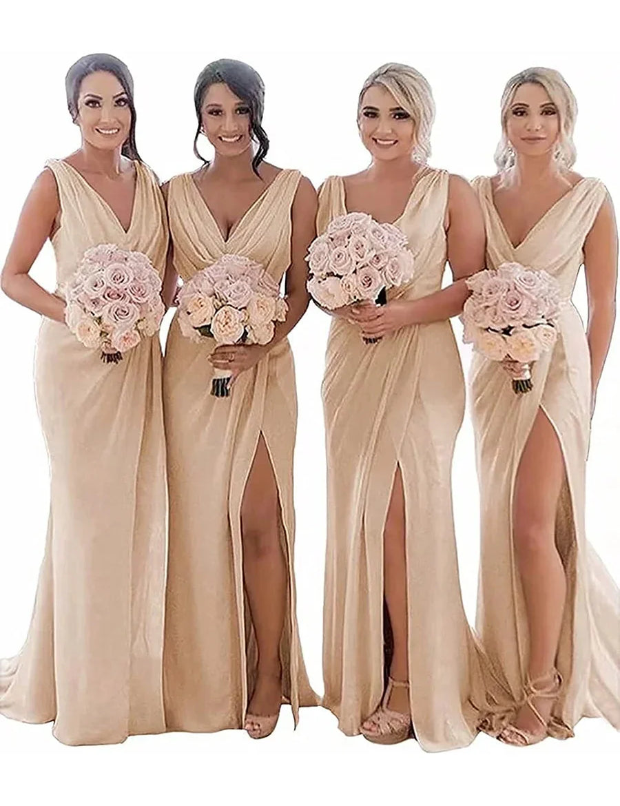 Kerli | Ivory Sheath Chiffon Ruched Long Bridesmaid Dress with Slit