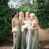 Charming Sheath Hatler Satin Sage Long Bridesmaid Dresses