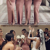 Charming Sheath V Neck Slit Pink Long Bridesmaid Dresses