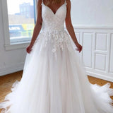 Chic A Line Spaghetti Straps Tulle Sweep Train Wedding Dresses With Appliques