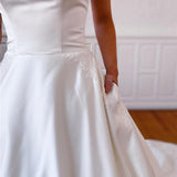 A-Line Strapless Satin Sweep Train Lace Appliques Wedding Dresses With Pockets