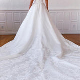 A-Line Strapless Satin Sweep Train Lace Appliques Wedding Dresses With Pockets