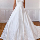 A-Line Strapless Satin Sweep Train Lace Appliques Wedding Dresses With Pockets