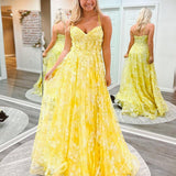 Ellis | Cute Yellow A-Line Spaghetti Straps Long Prom Dress With Appliques