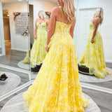 Ellis | Cute Yellow A-Line Spaghetti Straps Long Prom Dress With Appliques