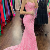 Azariah | Mermaid Pink Lace Appliques Long Prom Dress