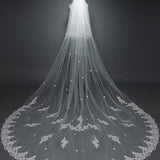 White Cathedral Veil with Blusher Lace Applique Long Wedding Veil