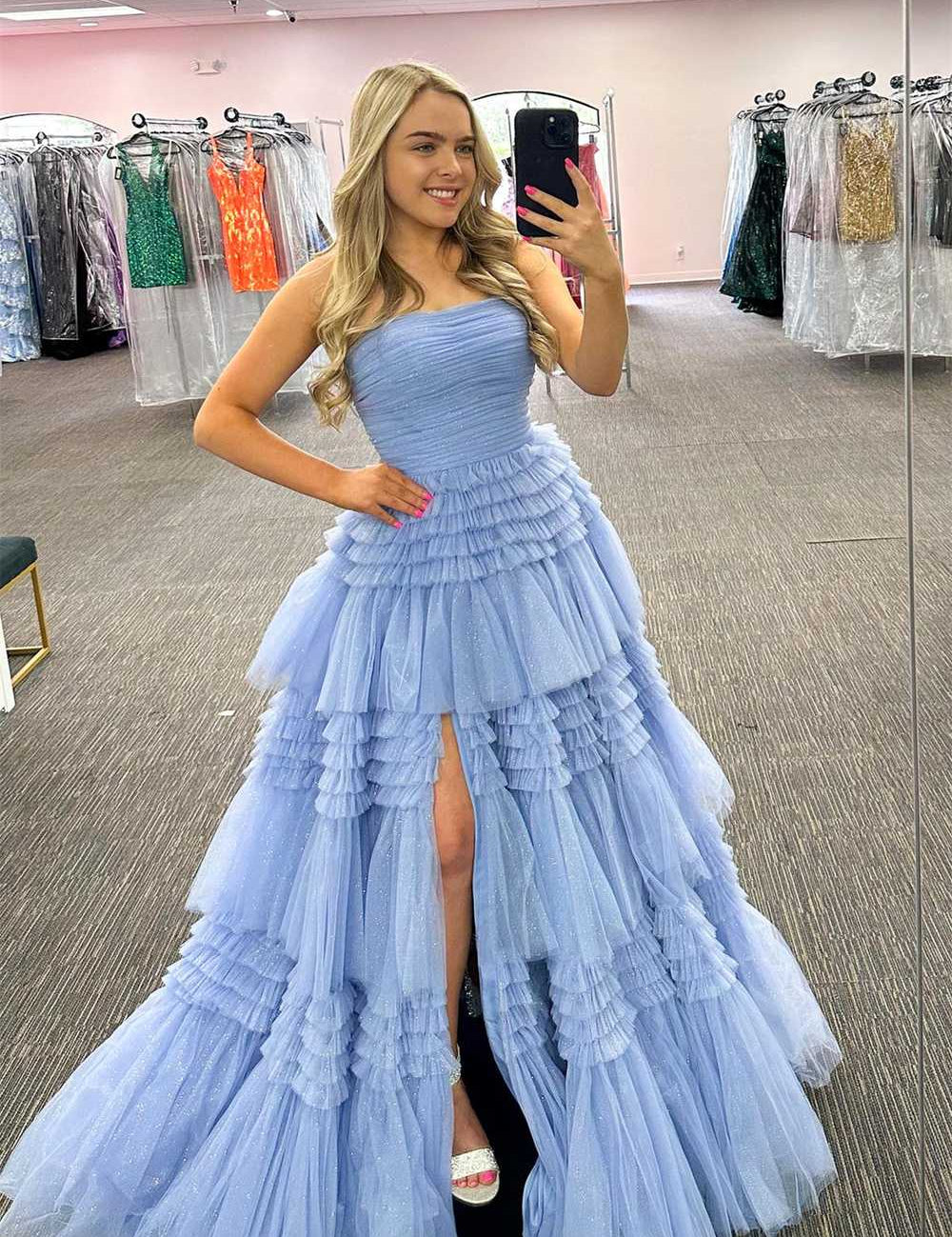 Daniela |A-Line Strapless Tulle Long Prom Dress with Tiered Ruffles