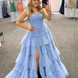 Daniela |A-Line Strapless Tulle Long Prom Dress with Tiered Ruffles