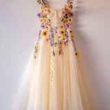 3D Flower Tulle Tea Length Prom Dresses