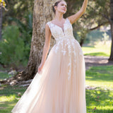 V-neck Applique Lace Tulle Floor-Length Prom Dress