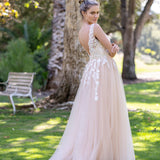 V-neck Applique Lace Tulle Floor-Length Prom Dress