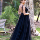 Deep V-neck Tulle Sweep Train Prom Dress