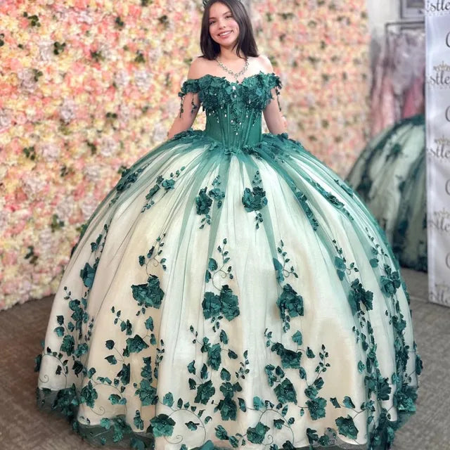 3D Flowers Off Shoulder Tulle Appliques Beaded Pageant Lace Up Quinceanera Dress